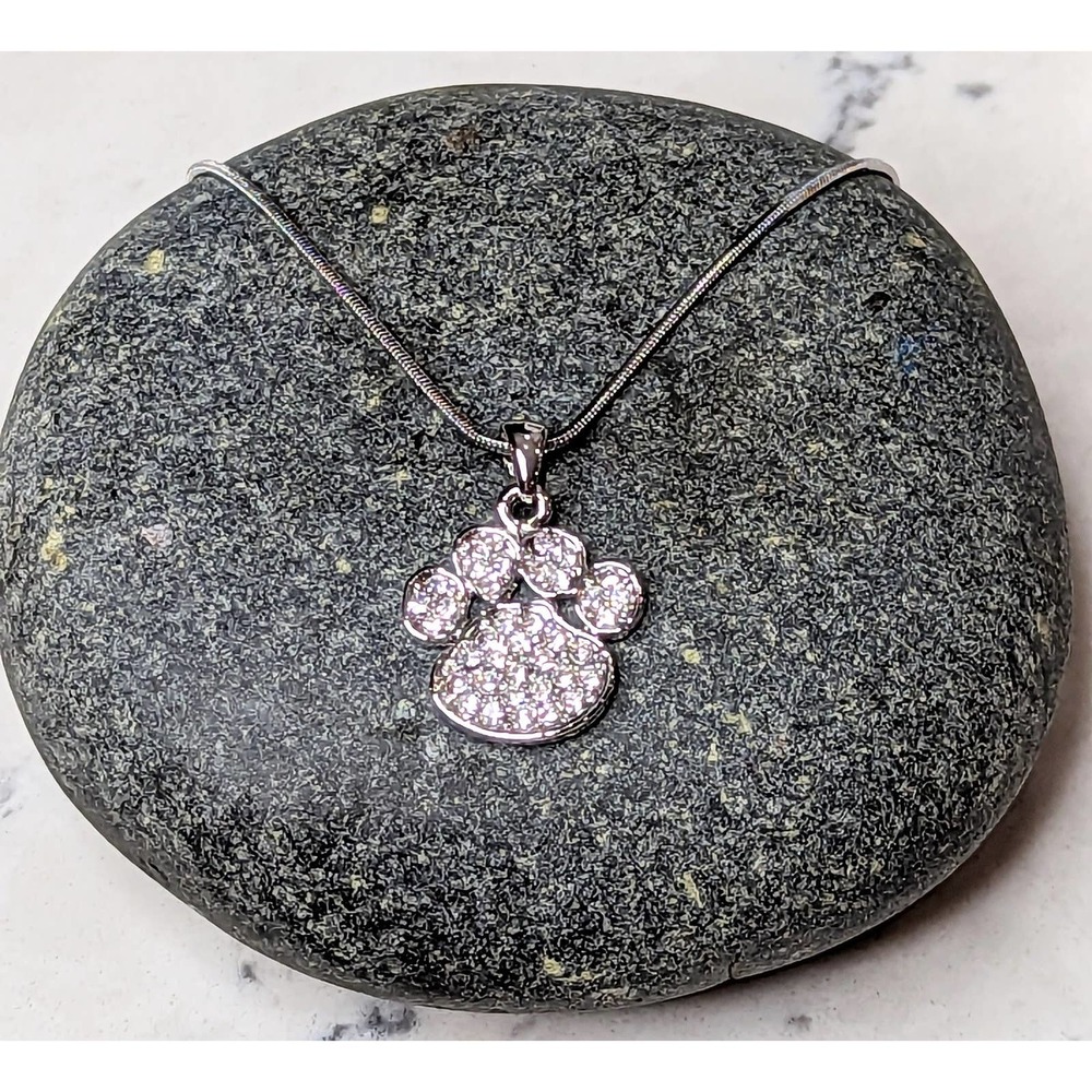 Paw Print Necklace White Gold Plated Pendant with Crystals - Picture 4 of 8